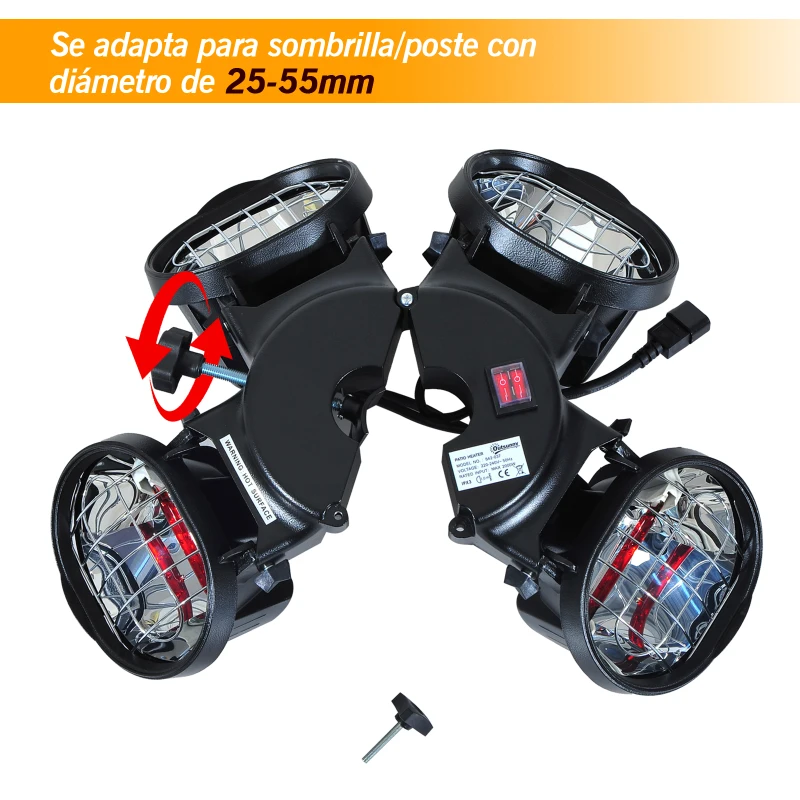 Outsunny Calefactor Infrarrojo Calentador Eléctrico de Exterior Patio Montado en Sombrilla Poste 2000W 4 Cabezas Φ55.5x13cm Acero y Aluminio