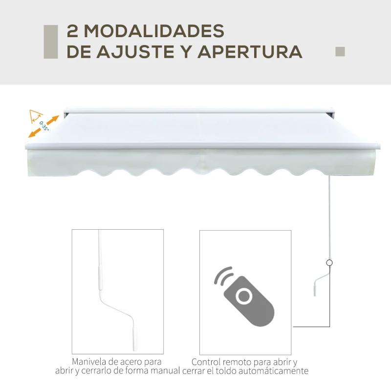 Outsunny  Toldo Retráctil de Pared 250x200 cm Automática y Manual con Manivela y Mando a Distancia Luces LED Ajustable en Ángulo para Exterior Balcón Jardín Terraza Aluminio Blanco