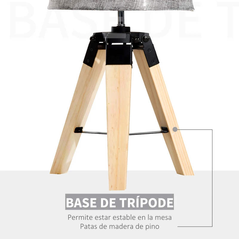 HOMCOM Lámpara de Mesa Moderna y Original con Base Trípode de Madera y Pantalla de Tela Lino para Salón o Dormitorio 24x24x45cm E27 Máx. 40W Gris