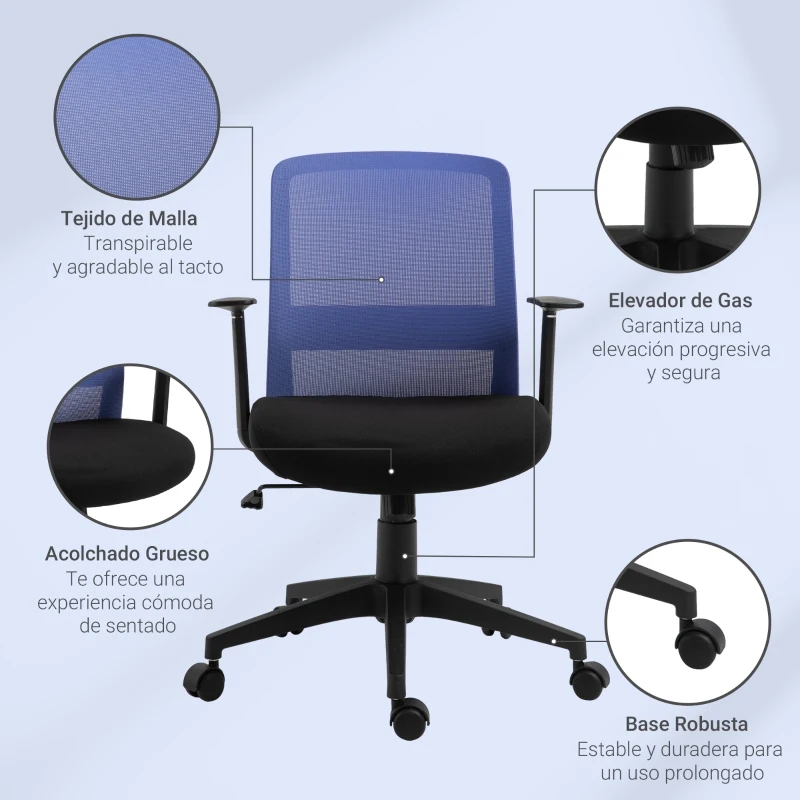 Vinsetto Silla de Oficina Ligera Silla Escritorio Giratoria con Altura Ajustable Reposabrazos Soporte Lumbar Respaldo Transpirable y Función Basculante 58x60x89-99 cm Azul