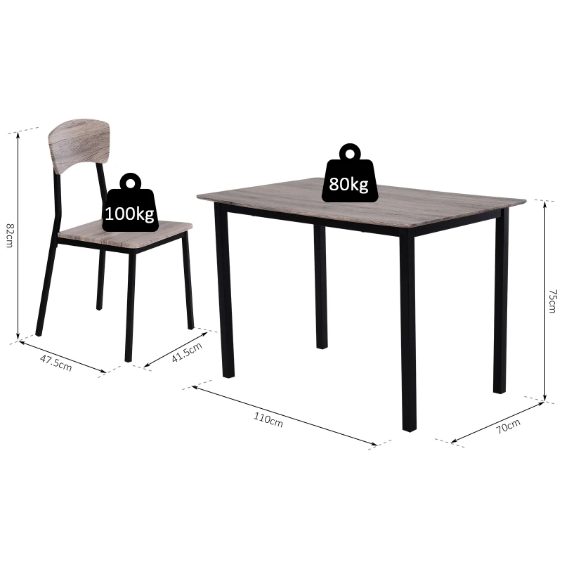 HOMCOM 5 Piezas Conjunto de Mesa y 4 Sillas de Comedor Juego Muebles de Cocina Sala Escritorio Madera y Metal Gris