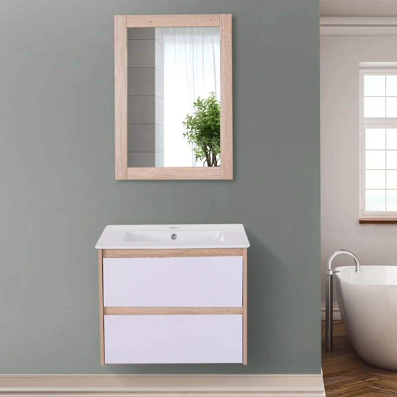 Conjunto Mueble de Baño Incluye Mueble Lavabo 2 Cajones Lavamanos de Cerámica Espejo a Juego Estilo Moderno Colgar a La Pared Color Roble Blanco Plateado Medida del Mueble  59x45x48cm