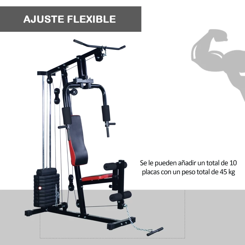 HOMCOM Multiestación de Musculación Máquina Entrenamiento con Estribo para Piernas Poleas y Placas de Peso de 45 kg para Ejercicios de Hombros Espalda Brazos Acero 125x106x205 cm Negro