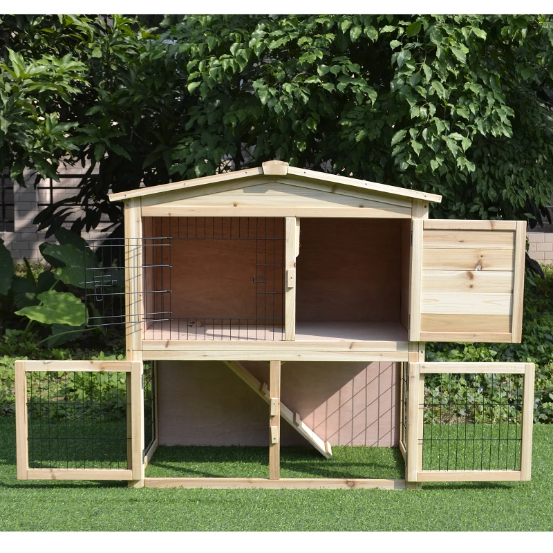 PawHut Conejera de Exterior de 2 Niveles Jaula para Conejos con Rampa Tobogán Techo Resistente al Agua Ventanas para Buena Ventilación del Aire 98x54x100 cm