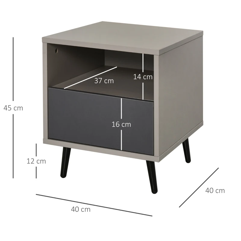 HOMCOM Mesita de Noche Mesita Auxiliar con 1 Cajón Estante Abierto y Patas de Metal Elegante Minimalista para Dormitorio Salón 40x40x45 cm Gris