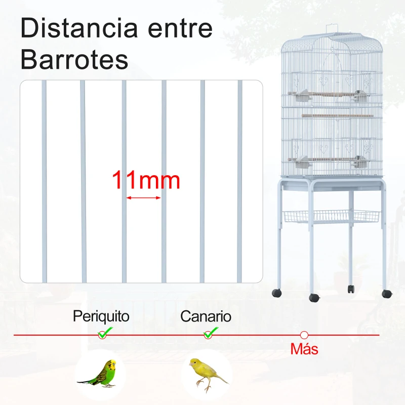 PawHut Jaula de Pájaros con 2 Puerta Jaulas para Aves con 4 Ruedas Universales Jaulas para Canarios Loros 47,5x37x153 cm Blanco