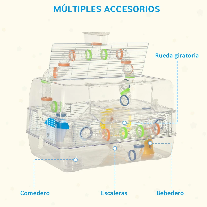 PawHut Jaula para Hámster Chalé para Roedores Pequeños de 3 Pisos con Escaleras Comedero Bebedero Rueda Tubos y Accesorios Incluidos 70x45x44 cm Transparente