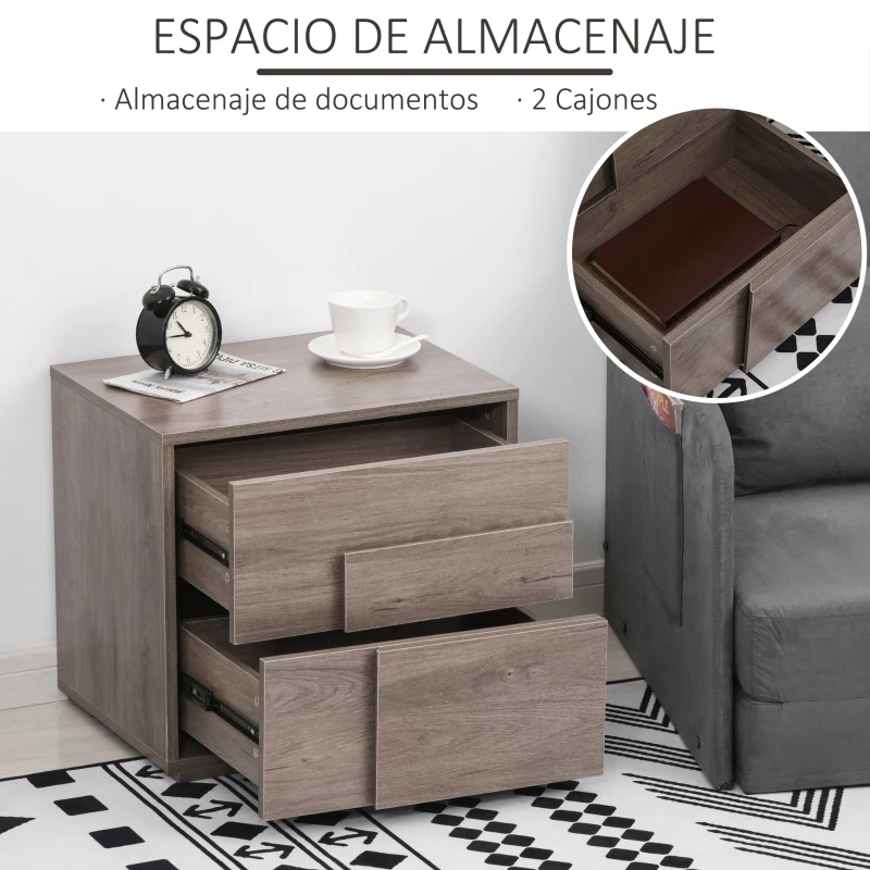HOMCOM Mesita de Noche Mesa Auxiliar con 2 Cajones Mueble Mesilla Cajonera Moderna Multifuncional para Dormitorio 48x36x44,5 cm Roble