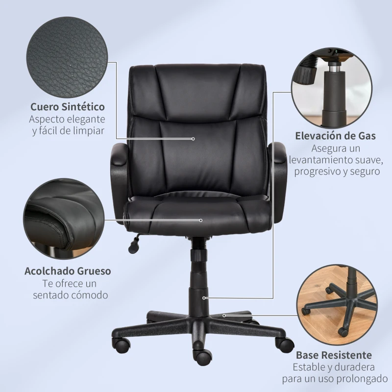 Vinsetto Silla de Oficina Ergonómica Silla de Escritorio Giratoria con Altura Ajustable Asiento Reposabrazos y Respaldo Acolchados de Piel Sintética 61x69x90-100 cm Negro