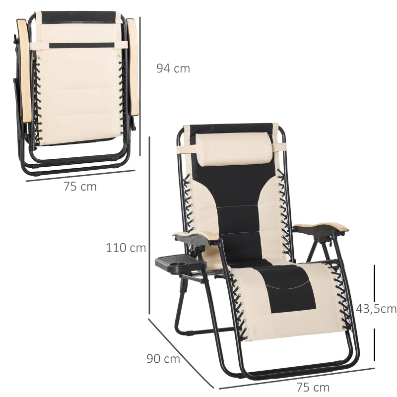 Outsunny Tumbona Plegable y Reclinable de Acero con Portavasos Reposacabezas Extraíble y Reposabrazos para Exterior Jardín 90x75x110 cm Beige