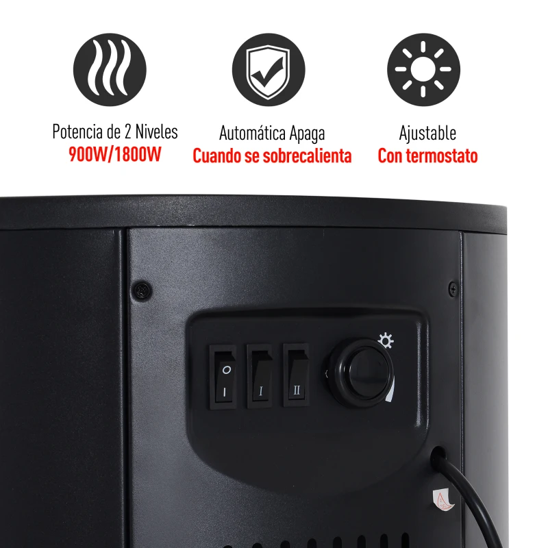 HOMCOM Chimenea Eléctrica Móvil Calefactor Estufa Eléctrica con Termostato 900W/1800W Efecto Fuego LED Temperatura Ajustable 41x41x64.5cm Acero