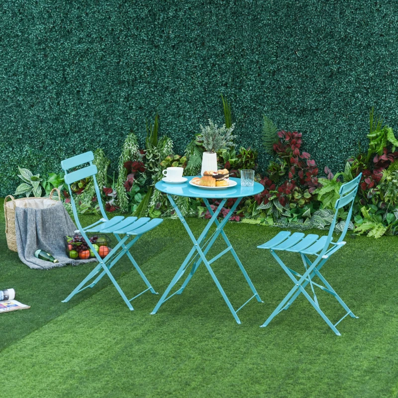 Outsunny Conjunto Muebles Plegables de Jardín de 3 piezas Mesa y 2 Sillas de Metal para Balcón Terraza Exteriores Ø60x71 cm Azul