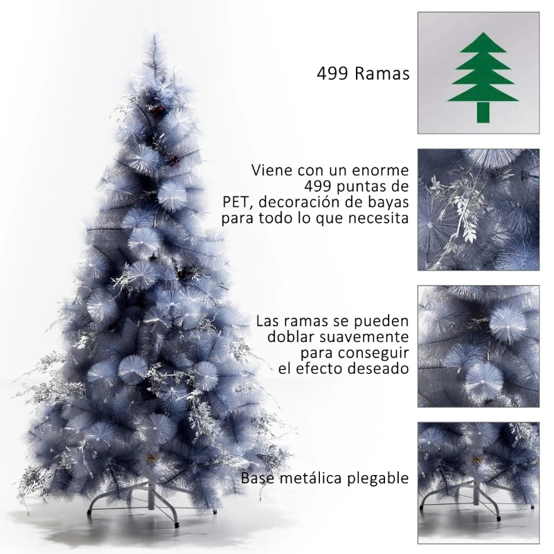 HOMCOM Árbol de Navidad 210cm Artificial Árbol de Pino Decoración Navideña con Piezas de Decoración 499 Ramas Gris Metal PET
