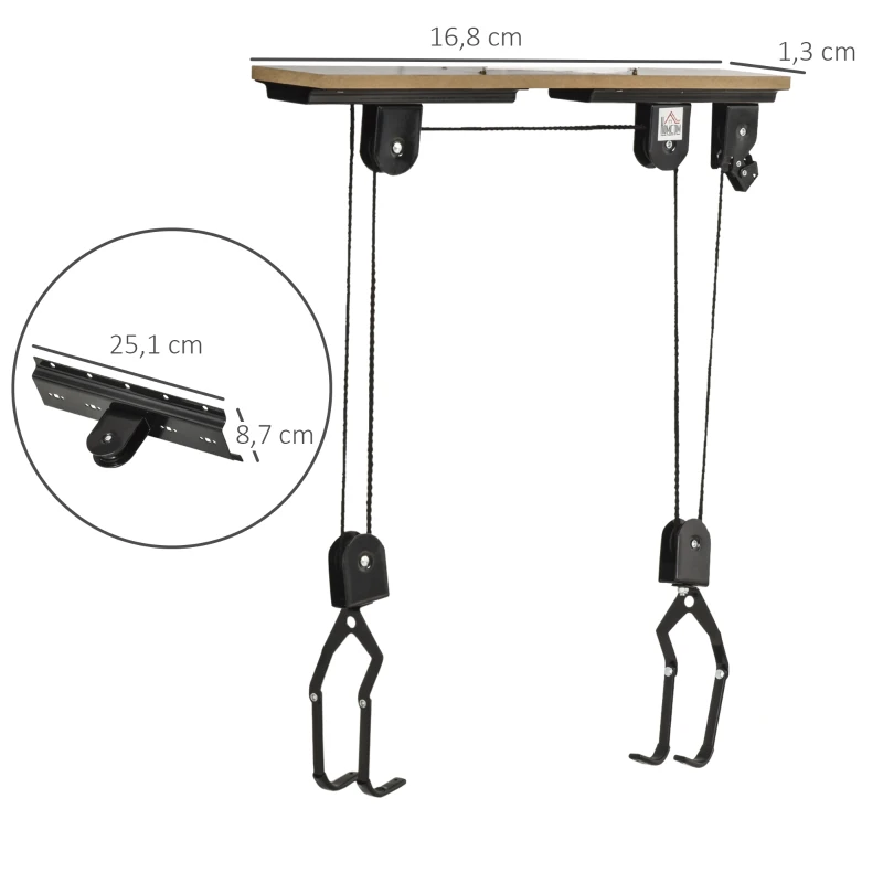 HOMCOM 2 Pares de Elevador para Bicicletas en el Techo Mediante Poleas Cuerdas Ganchos con Altura Ajustable Soporte para Bici al Techo Carga 20 kg Acero Negro