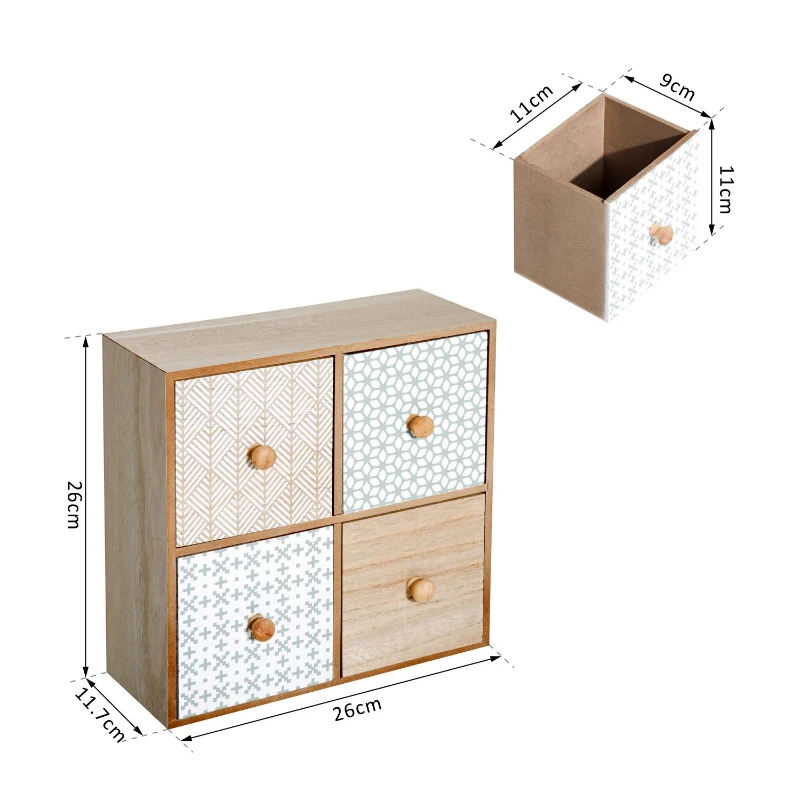 HOMCOM Cajonera de Madera tipo Cómoda y Organizador con 4 Cajones de Almacenamiento para Hogar 26x11.7x26cm