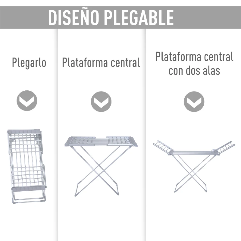 HOMCOM Tendedero Eléctrico Plegable con Alas Secador de Ropa Tendedero de Pie 8 Barras Base en Forma X Extensible 149x54x92cm Aluminio