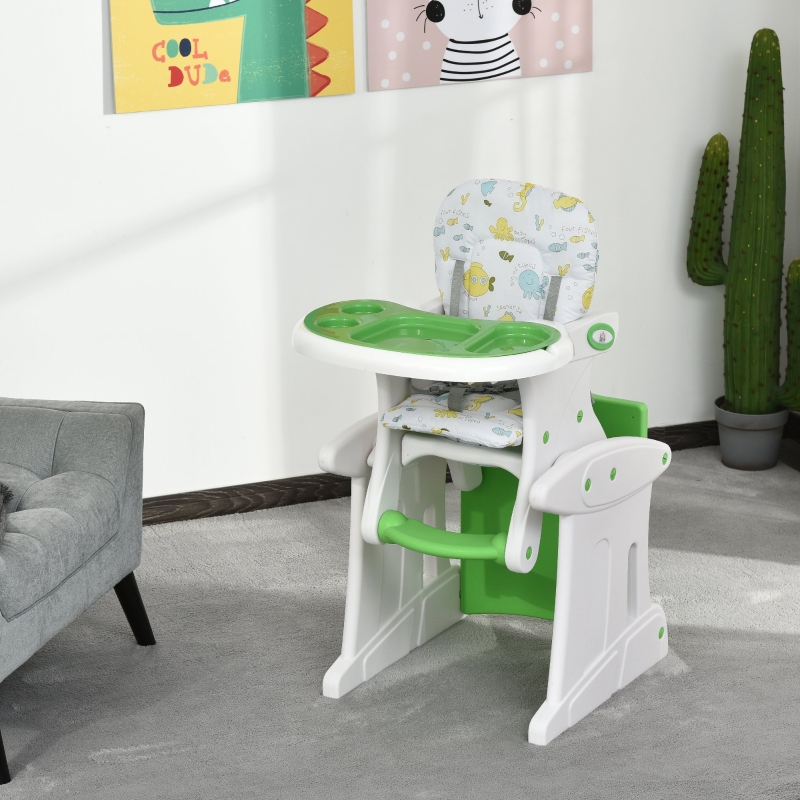 HOMCOM Trona para Bebés 3 en 1 para +6 Meses Multifuncional Ajustable en 3 Posiciones Respaldo Alto Acolchado con 2 Bandejas 57x59x105cm Verde