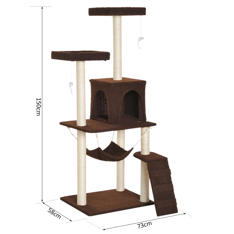 PawHut Rascador para Gatos Árbol Rascador Grande Centro de Actividad Plataformas Escalera Hamaca Caseta Ratón de Juguete 73x58x150cm Sisal Natural