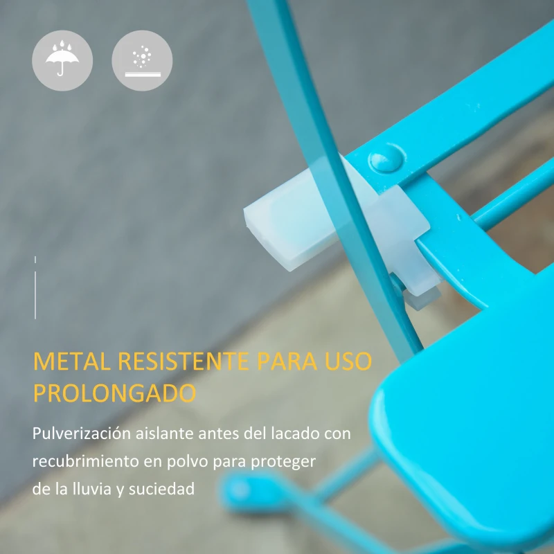 Outsunny Conjunto Muebles Plegables de Jardín de 3 piezas Mesa y 2 Sillas de Metal para Balcón Terraza Exteriores Ø60x71 cm Azul
