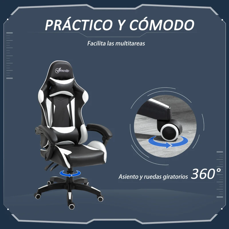 Vinsetto Silla Gaming Profesional Silla de Escritorio Ergonómica Reclinable y Ajustable en Altura con Respaldo Alto Reposacabezas y Reposabrazos 66x66x128-138 cm Blanco