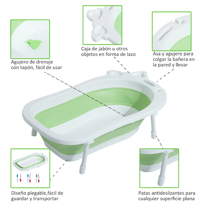 HOMCOM Bañera para Bebé y Niño para Baño Infantil Plegable Portátil y Segura Certificado EN71-1-2-3 Material PP+TPE Color Blanco y Verde 89x53.5x22cm