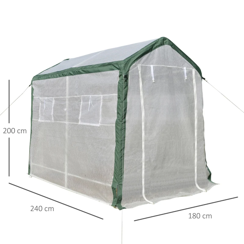 Outsunny Invernadero de Jardín 240x180x200 cm Túnel con 4 Ventanas y Puerta Enrollable para Cultivo de Plantas Flores Verduras Cubierta PE y Marco Acero Blanco