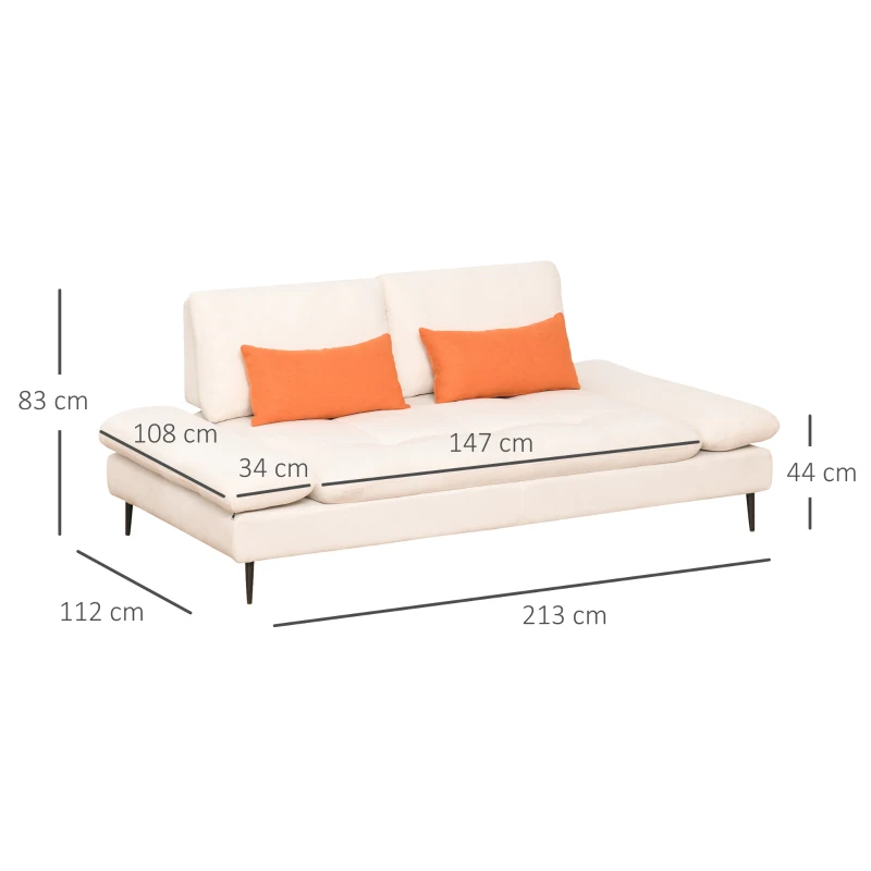 HOMCOM Sofá de 3 Plazas Convertible en Cama Individual con Respaldo Regulable y Reposabrazos Abatible 2 Almohadas Lumbar Acolchado Patas de Metal 213x112x83 cm Beige