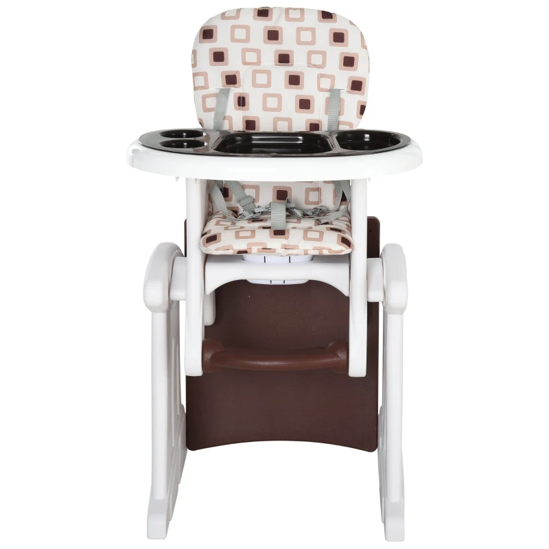 HOMCOM Trona para Bebés 3 en 1 para Mayores de 6 Meses Transformable en Mesa y Silla Multifuncional Ajustable en 3 Posiciones Respaldo Alto Acolchado con 2 Bandejas Extraíbles 57x59x105 cm Café