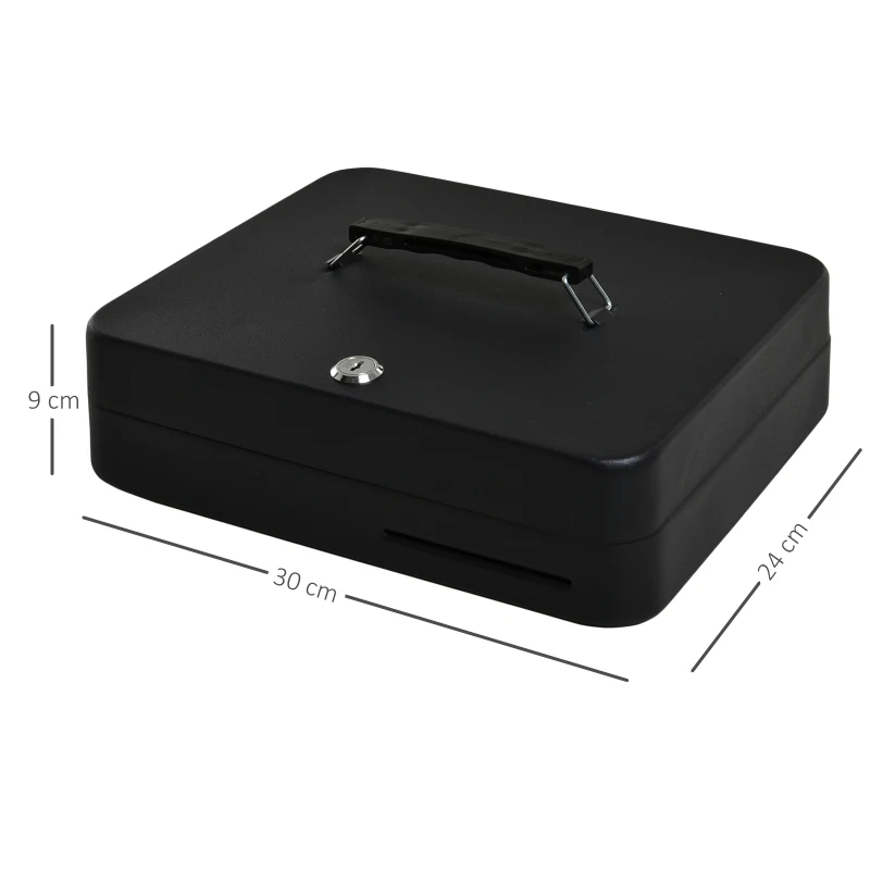 HOMCOM Caja de Efectivo con Bandeja para Dinero 4 para Billetes Múltiples Comportamientos Cerradura con Llave de Alta Seguridad Agujero Conveniente Manija Acero 30x24x9 cm Negro