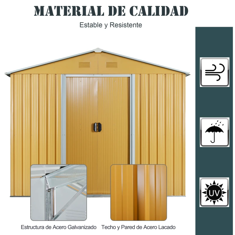 Outsunny Caseta de Jardín Exterior 3,6 m² 236x174x190 cm Cobertizo de Jardín Exterior con 2 Puertas Correderas Techo Inclinado y 4 Ventanas para Patio Terraza Amarillo Mostaza