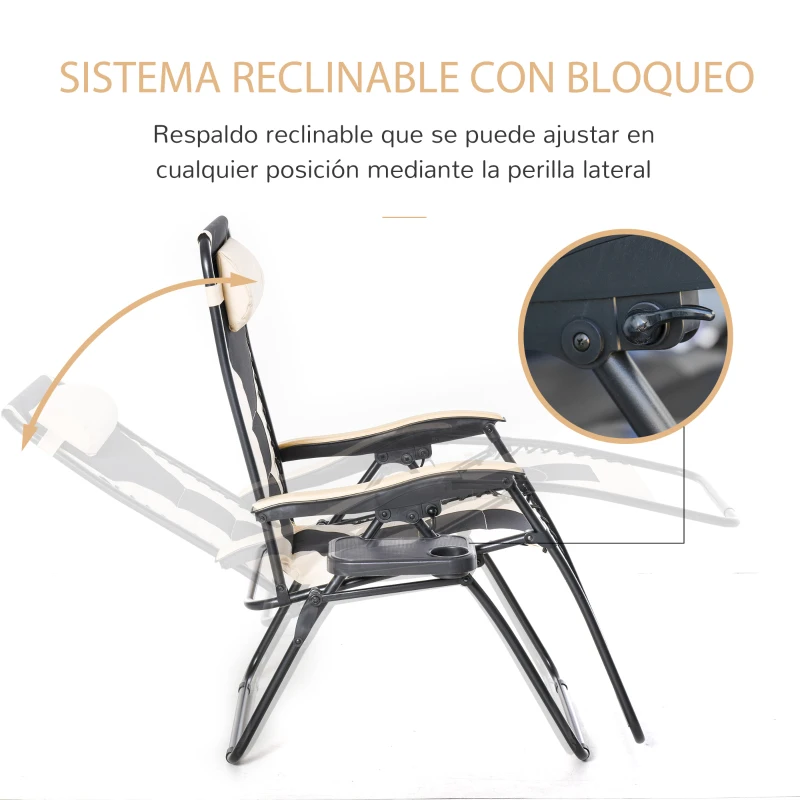 Outsunny Tumbona Plegable y Reclinable de Acero con Portavasos Reposacabezas Extraíble y Reposabrazos para Exterior Jardín 90x75x110 cm Beige