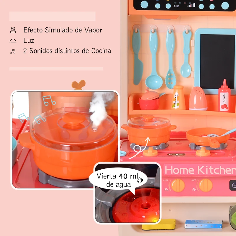 HOMCOM Cocinita para Niños con Luces Música Absoluta Funciones de Agua Cocina de Juguete Infantil 65 Piezas Alimentos Cubiertos +3 Años 71x28,5x93,5 cm Rosa