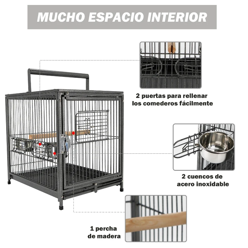 PawHut Jaula para Pájaros Portátil Jaula para Agapornis con 2 Perchas de Madera 2 Comederos de Acero Inoxidable y Bandeja Extraíble para Periquitos Canarios 45,7x35,5x45 cm Negro