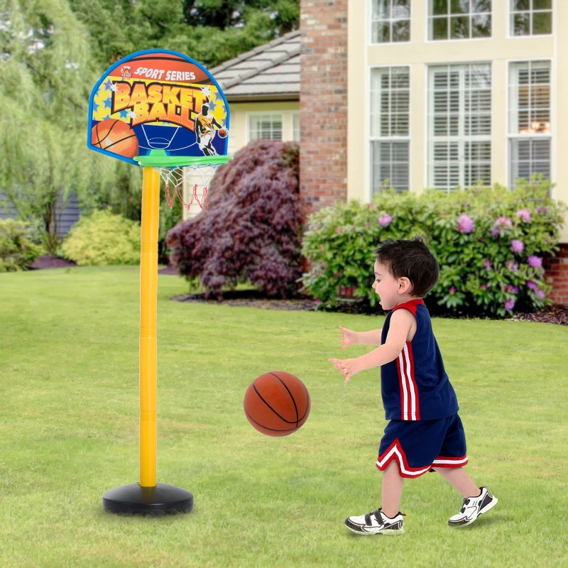 HOMCOM Aro de Baloncesto para Niños con Soporte Ajustable en Altura 60-132 cm Portátil Móvil con Base Rellenable Cesta Balones e inflador para Interior y Exterior