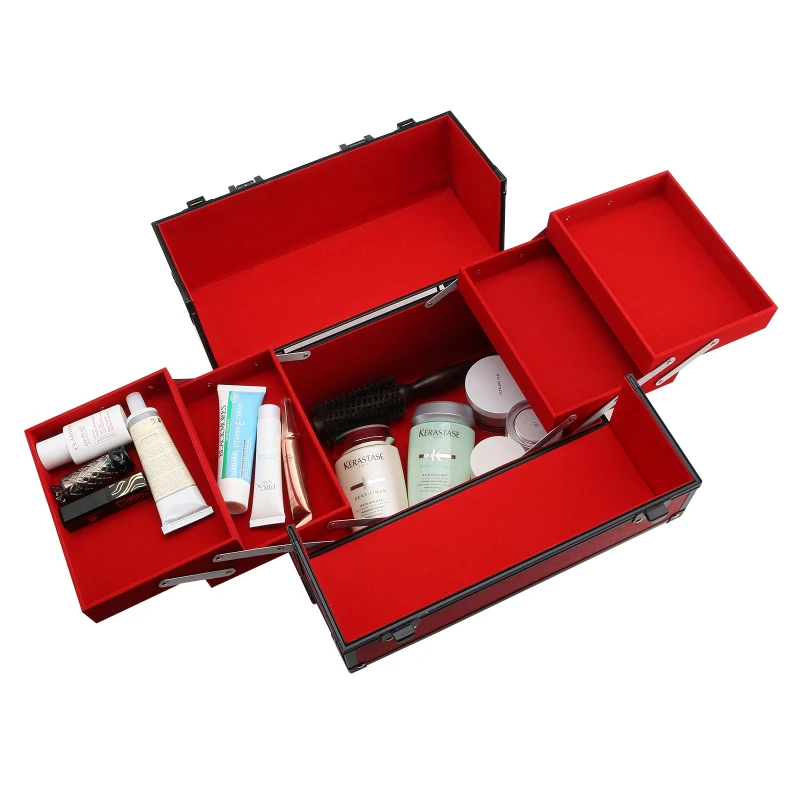 Maletín De Maquillaje Portátil para Cosméticos y Bisutería con Organizador de Tocador Con Bandeja Desplegable Asa y Cerradura Aleación de Aluminio 32x21x26 cm Rojo y Negro