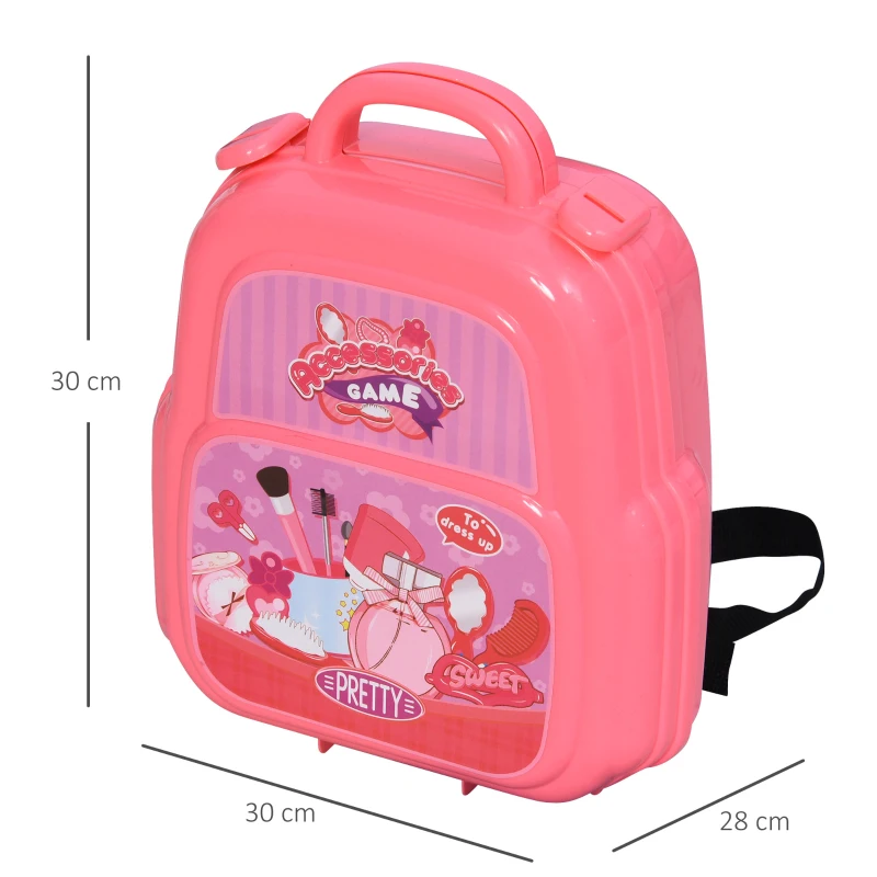 HOMCOM Maletín de Belleza para Niñas de +3 Años Juguete de Peluquería Diseño 3 en 1 Mochila Bolso Mesa con Espacio de Almacenaje 30x28x30 cm Rosa