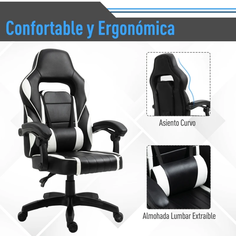 Vinsetto Silla de Oficina Ergonómica Ajustable en Altura Reclinable hasta 135° Silla Gaming Racing con Respaldo Alto Reposabrazos Regulable Asiento Acolchado 64x69x119-129 cm Blanco