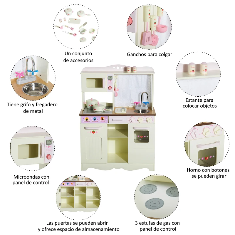 HOMCOM Cocina de Juguete de Madera Grande y de Lujo Juego de Imitación con Accesorios para Niños y Niñas 70x30x90cm Color Crema