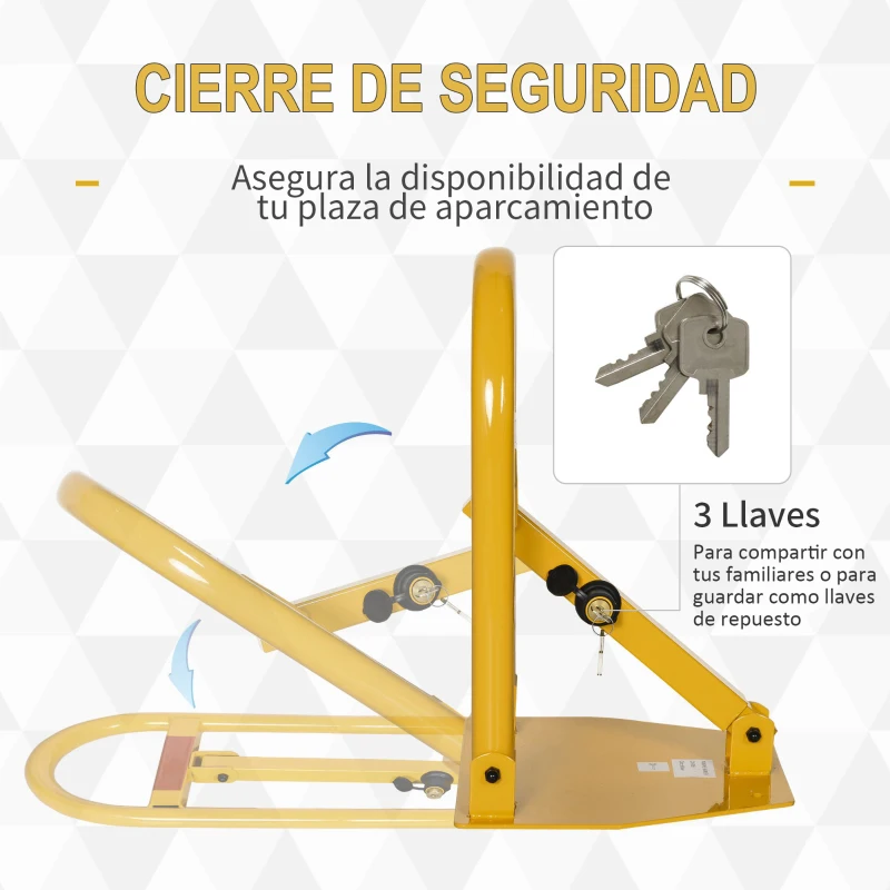 DURHAND Barrera de Aparcamiento Plegable Manual Bloqueo de Estacionamiento Abatible con Cerradura 3 Llaves Cinta Reflectante Metal 36,5x31x50,5 cm Amarillo
