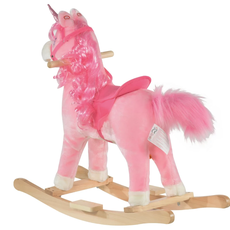 HOMCOM Caballito Balancín para Bebé de +36 Meses Caballo Balancín Forma de Unicornio Bonito con Música Sonidos 74x33x62cm Rosa