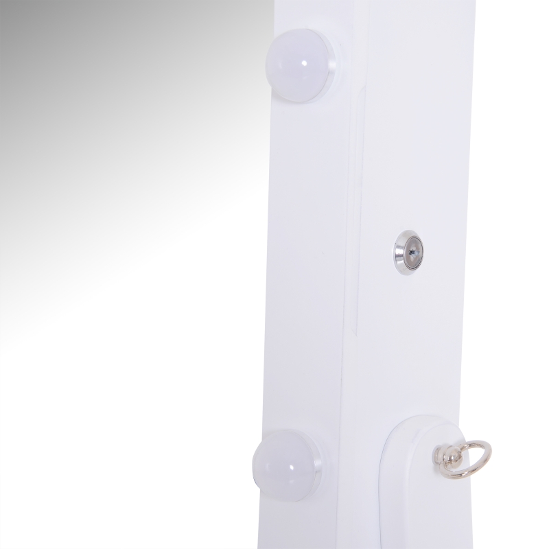 HOMCOM Joyero de Pie con Espejo Armario para Joyas 16 Luces LED Reclinable Guardajoyas Anillos Pendientes Collares Cerradura Madera 49x40x157.5cm Blanco
