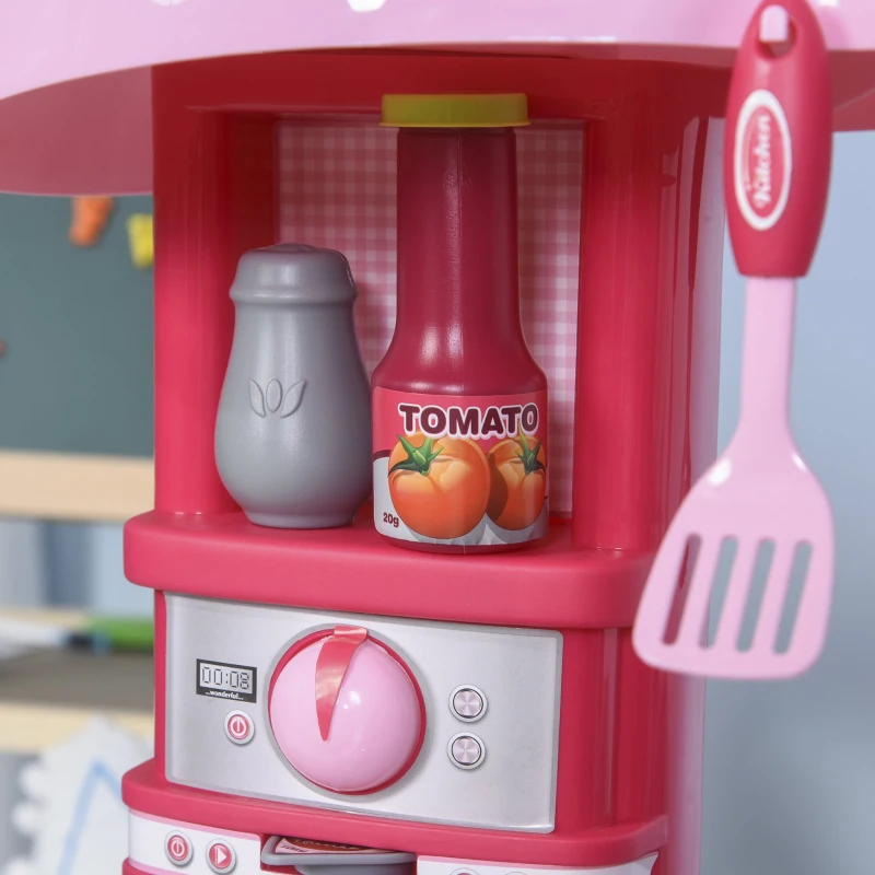 HOMCOM Cocinita de Juguete para Niños de +3 Años Juego de Cocina Infantil Incluye 38 Piezas con Efectos de Luz Sonidos Almacenaje 51x30x73 cm Rosa