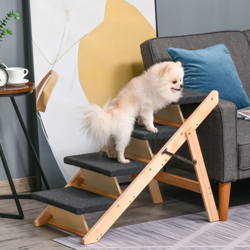 PawHut Escalera de Madera para Perros Plegable 2 en 1 Rampa para Mascotas Portátil con 4 Escalones para Acceso al Sofá y Cama Alta 80x47x64 cm Negro y Natural