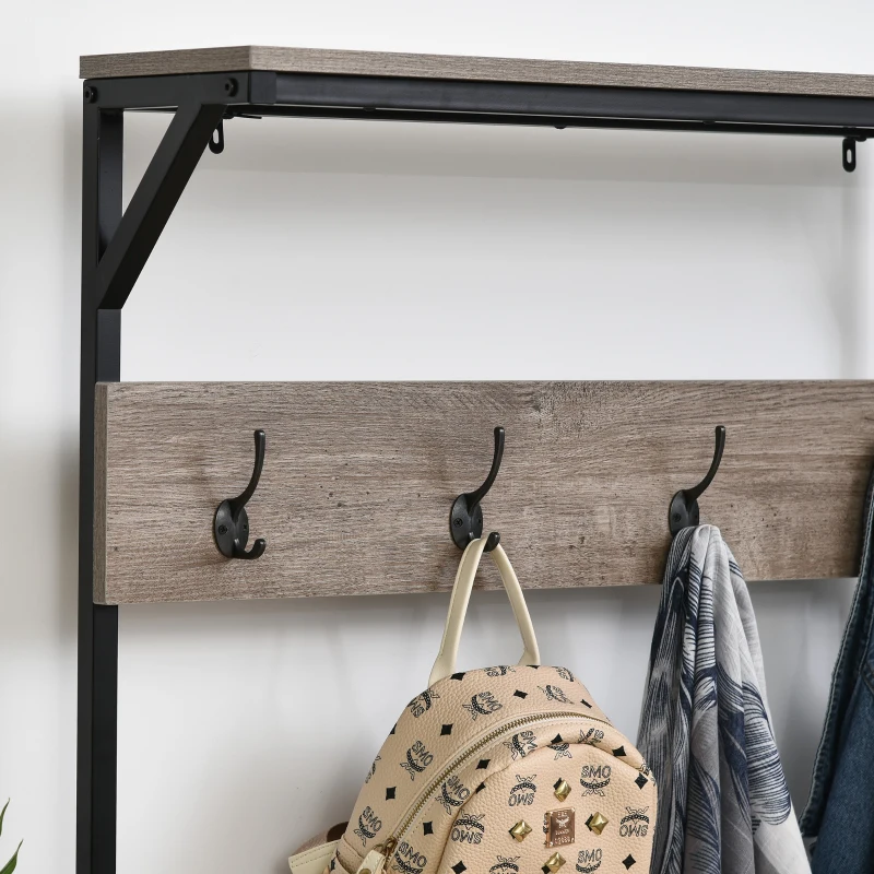 HOMCOM Perchero de Pie con Zapatero de Entrada Espacio de Almacenaje con 4 Ganchos Banco para Cambio de Zapatos Estantes Diseño Anti-Vuelco 80x40x170 cm Roble