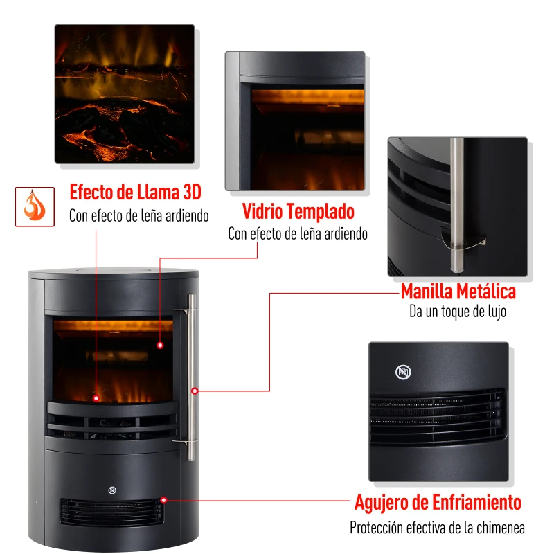 HOMCOM Chimenea Eléctrica Móvil Calefactor Estufa Eléctrica con Termostato 900W/1800W Efecto Fuego LED Temperatura Ajustable 41x41x64.5cm Acero