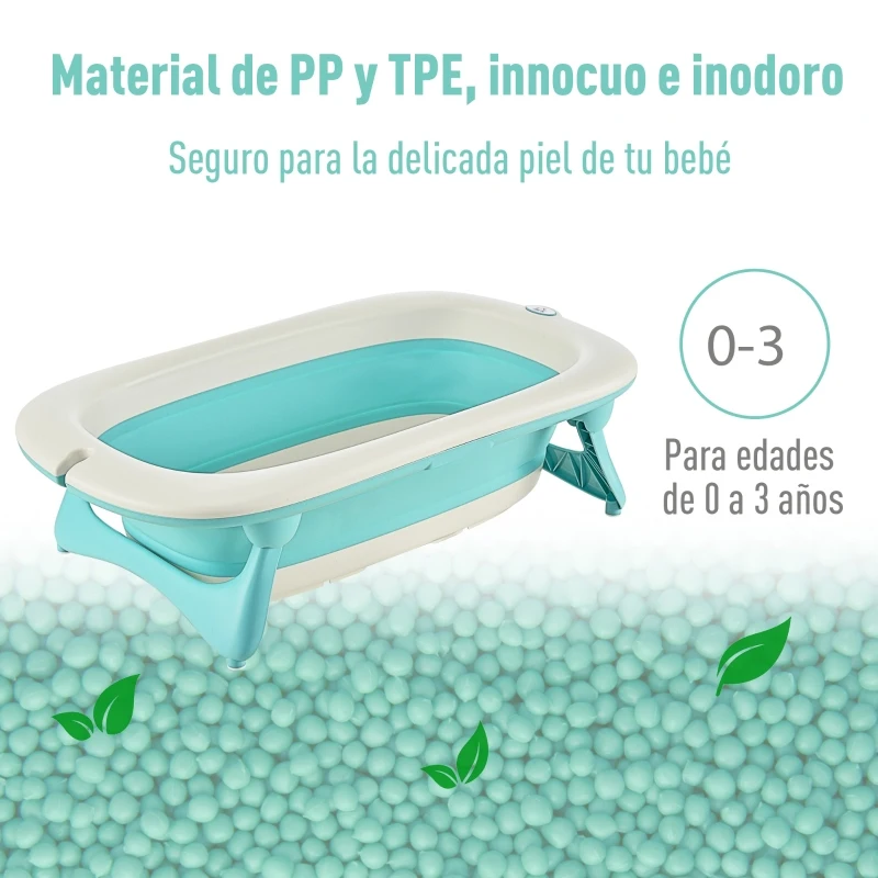 HOMCOM Bañera para Bebé Plegable 3 en 1 Juego de Ducha para 0-3 Años Portátil Bañera Lavabo Taza de Champú Ergonómico con Base Antideslizante 84,5x50,5x24 cm Turquesa