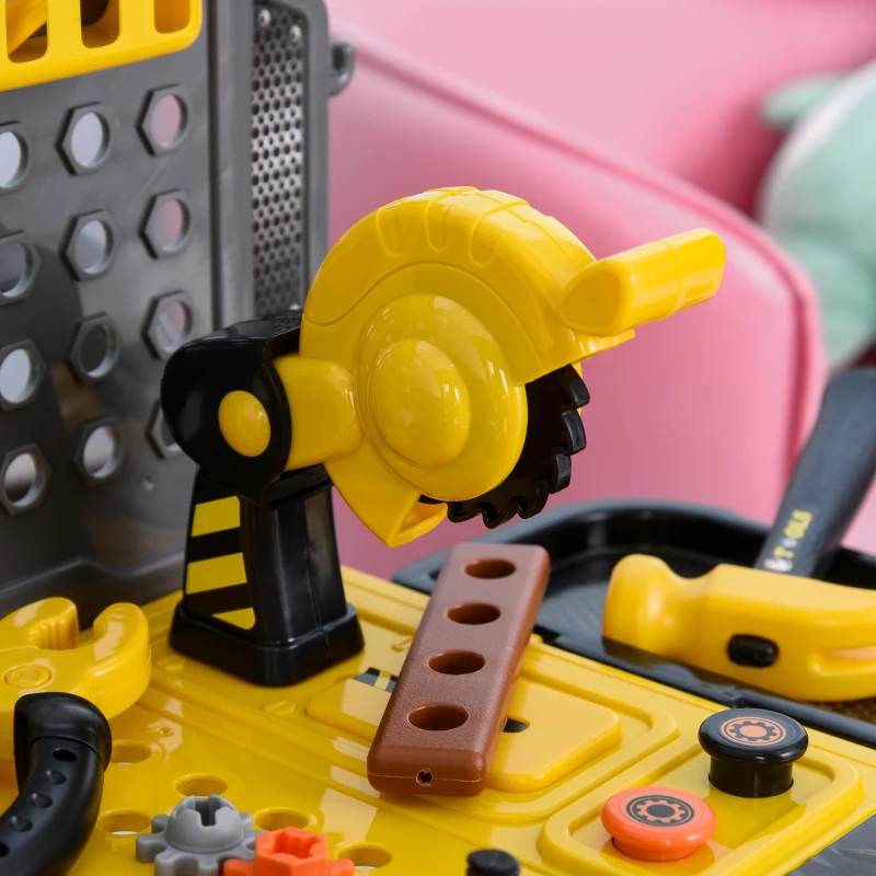 HOMCOM Banco de Herramientas Diseño 3 en 1 para Niños Mayores de 3 Años Juego de Imitación Infantil 60 Piezas 59,7x47x42,5 cm Amarillo y Negro