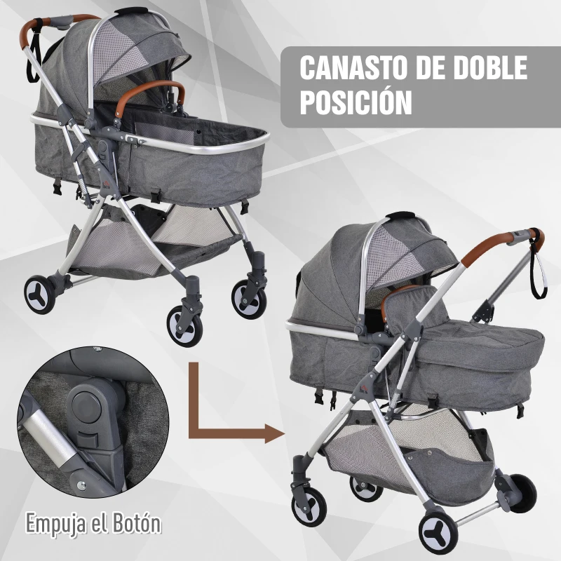 Cochecito Bebé Plegable Portátil Carrito Estable Ligero 4 Ruedas con Bloqueos Capota Ajustable Asiento Regulable Bolsa de Almacenaje en Inferior Gris 86.5x55x100cm 0-36 meses