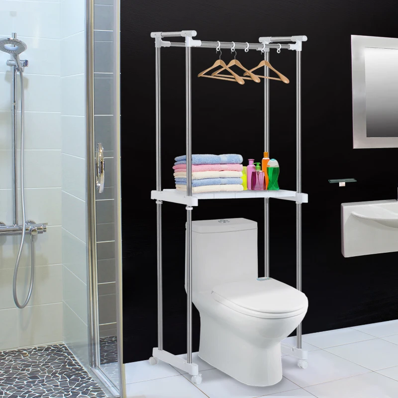 HOMCOM Estantería para Lavadora con Ganchos Ruedas y Estante tipo Mueble de Baño 71x42.5x178cm Color Blanco y Acero Inox.