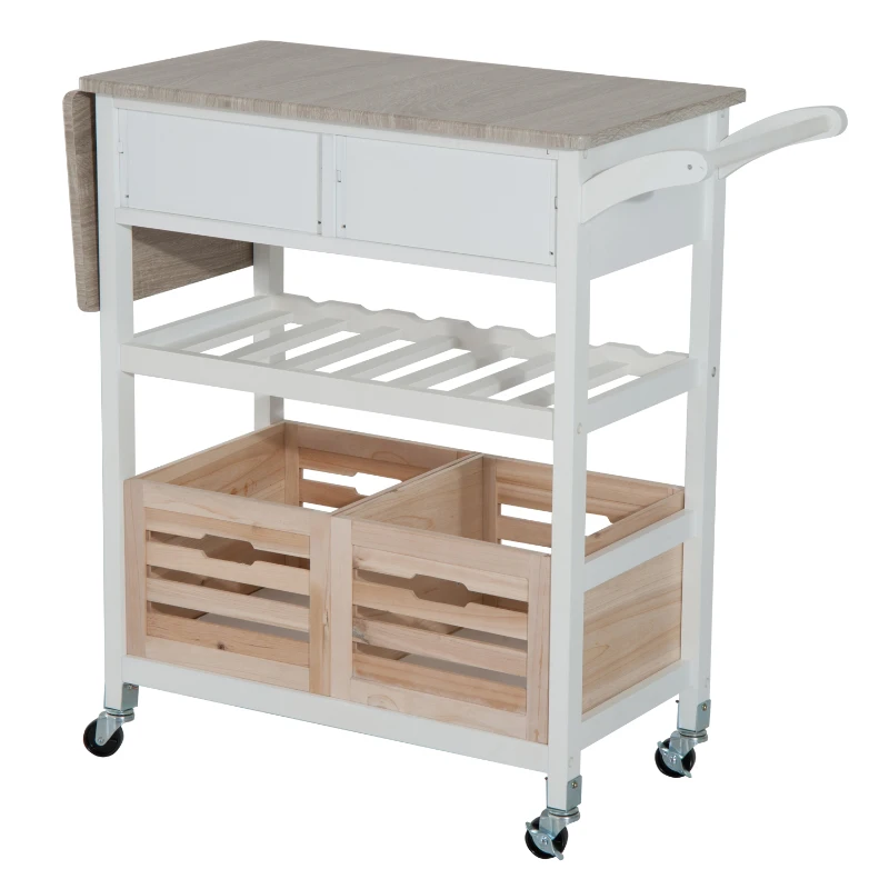 HOMCOM Carro de Cocina Carrito de Servir Carrito Auxiliar con Botellero con Tablero Extensible Botellero Cestas Extraíble 70x40x86cm Madera